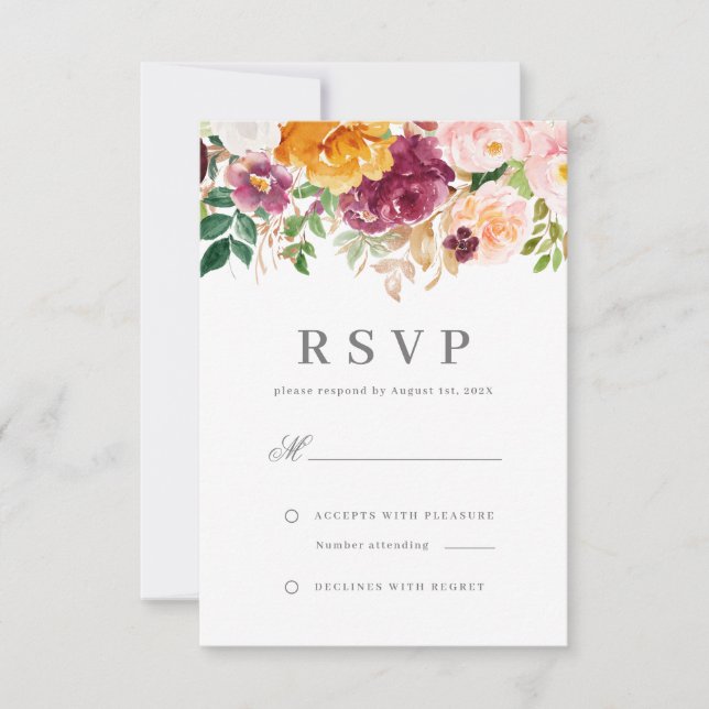 Cartão RSVP Casamento Floral Chic Blush & Burgundy Watercolor (Frente)