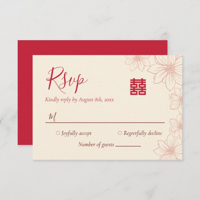 Cartão RSVP Casamento floral chinês boho red e beige (Frente/Verso)