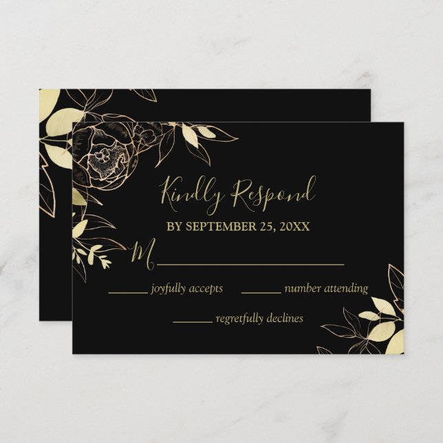 Cartão RSVP Casamento Floral Clássico Preto e Dourado Peony Mo (Frente/Verso)
