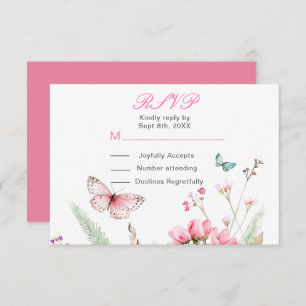 Cartão RSVP Casamento Floral com Borboleta Rosa primavera