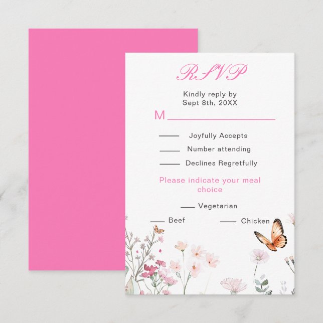 Cartão RSVP Casamento Floral com Borboleta Rosa Profunda prima (Frente/Verso)