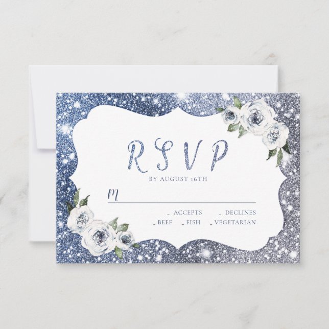 Cartão RSVP Casamento floral com brilho de prata azul Sparkle  (Frente)