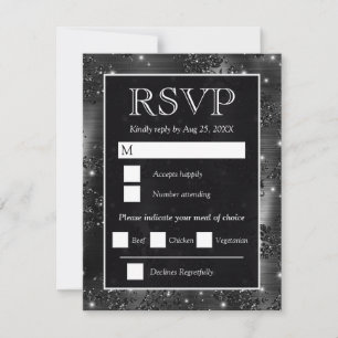 Cartão RSVP Casamento Floral com Brilho Prateado e Preto Elega