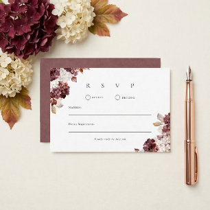 Cartão RSVP Casamento Floral com Hortênsias Borgonha