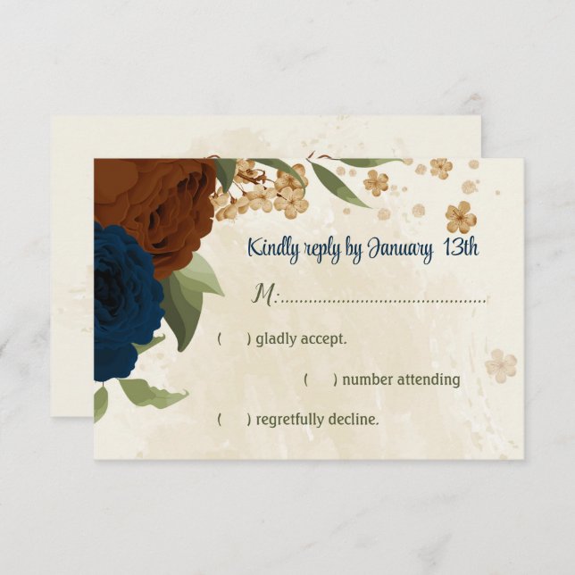 Cartão RSVP casamento floral com marinho de terracotta (Frente/Verso)
