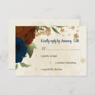 Cartão RSVP casamento floral com marinho de terracotta