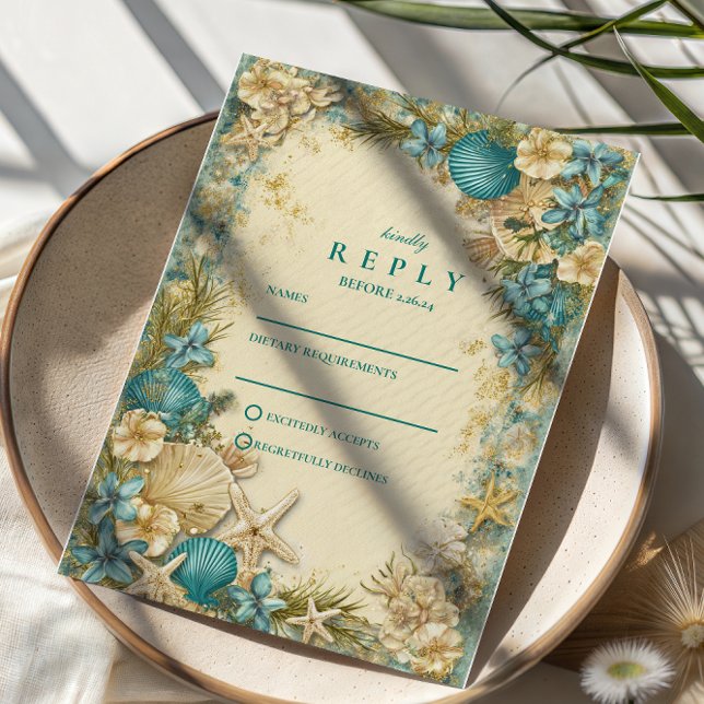 Cartão RSVP Casamento Floral com Tom de Rosto Suave e Conchas (Criador carregado)