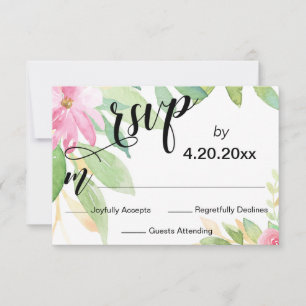 Cartão RSVP Casamento Floral Cor de Água Rosa-Rosa Elegante