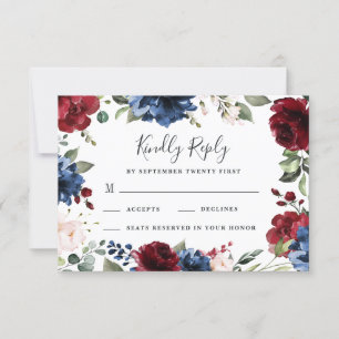 Cartão RSVP Casamento Floral Cor-de-marinho Azul e Borgonha Ro