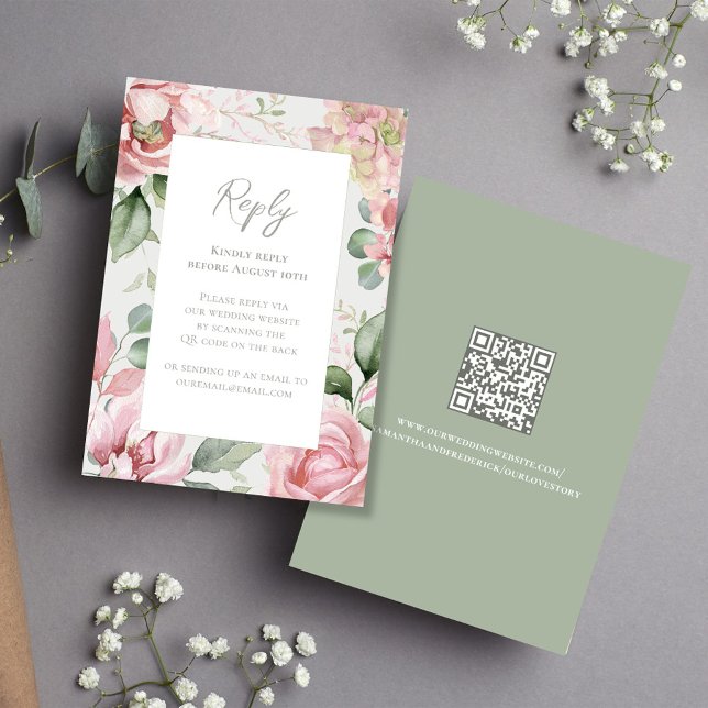 Cartão RSVP Casamento Floral Cor-de-Rosa Esmagada Elegante (Blush pink floral wedding RSVP card. )