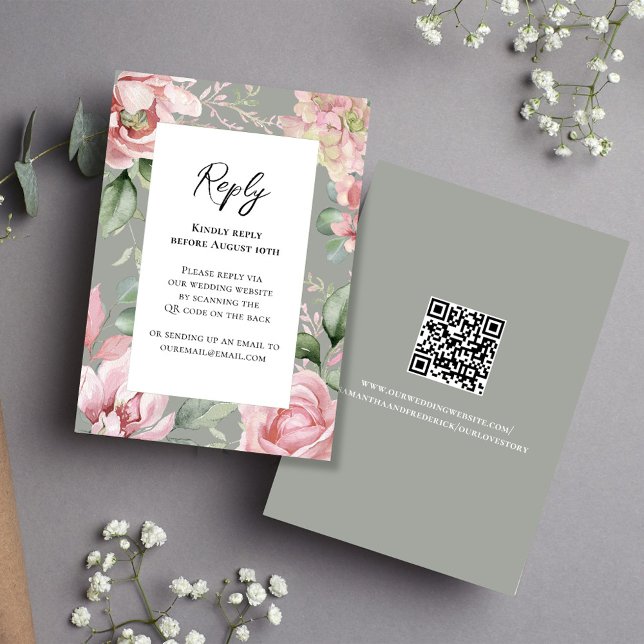 Cartão RSVP Casamento Floral Cor-de-Rosa Esmagada Elegante (Elegant blush pink rsvp card with scannable QR code. )