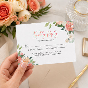 Cartão RSVP Casamento Floral Coral Peach Watercolor Garden