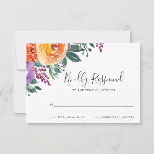 Cartão RSVP Casamento floral da aguarela alaranjada roxa