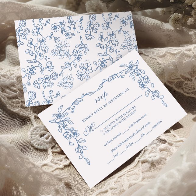 Cartão RSVP Casamento Floral da Imagem Azul Elegante Francesa (Criador carregado)
