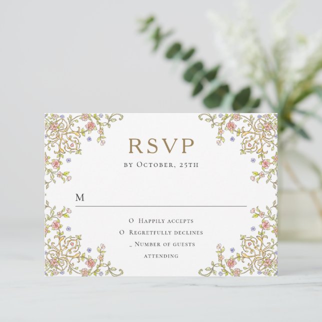 Cartão RSVP Casamento Floral da Ornamentado Vitoriana Grace (Em pé/Frente)