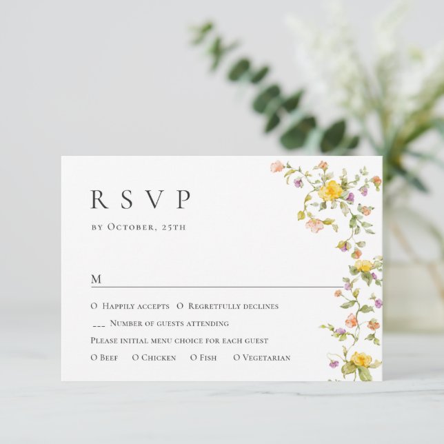 Cartão RSVP Casamento Floral das Flores Selvagens de Aquarela  (Em pé/Frente)