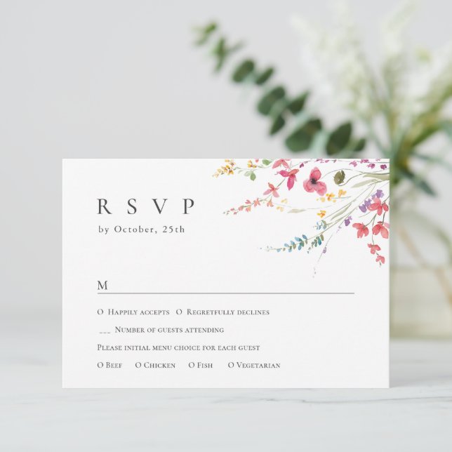 Cartão RSVP Casamento Floral das Flores Selvagens de Aquarela  (Em pé/Frente)