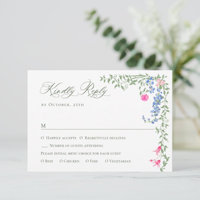 Cartão RSVP Casamento Floral das Flores Selvagens de Aquarela  (Em pé/Frente)