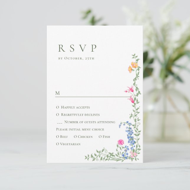 Cartão RSVP Casamento Floral das Flores Selvagens de Aquarela  (Em pé/Frente)