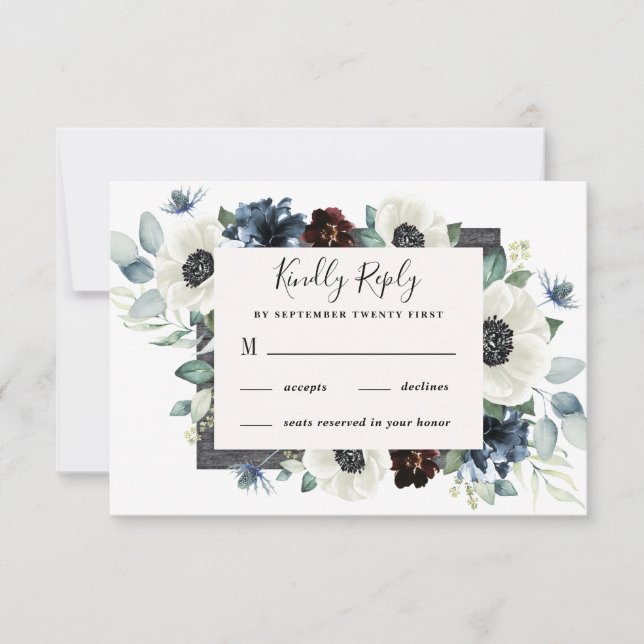 Cartão RSVP Casamento Floral de Anemone Dusty Thistle Blue Bur (Frente)