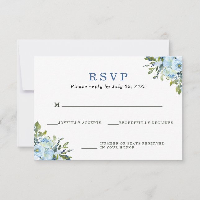 Cartão RSVP Casamento Floral de Aquarela Azul Claro Azul Marin (Frente)