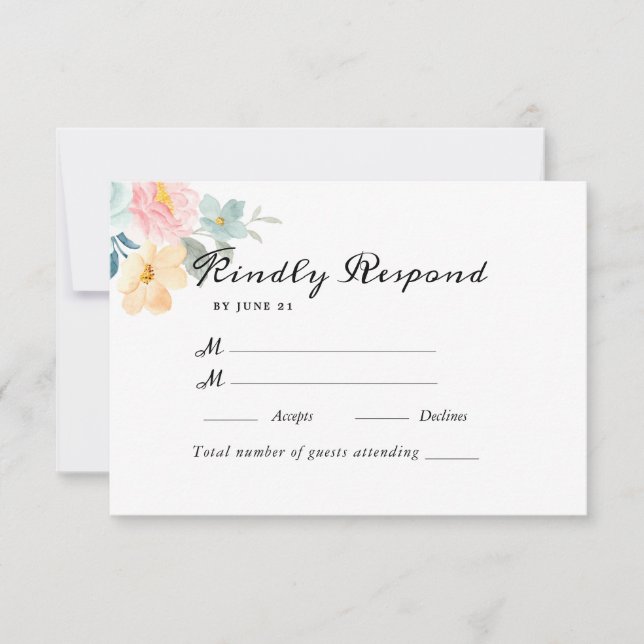 Cartão RSVP Casamento Floral de Aquarela de Jardim de Verão (Frente)