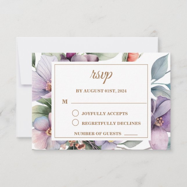 Cartão RSVP Casamento floral de Aquarela Elegante (Frente)