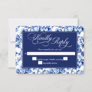 Cartão RSVP Casamento Floral de Banho Azul e Branco com Caligr