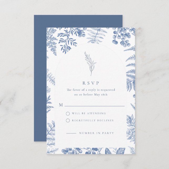 Cartão RSVP Casamento Floral de Blue Bloom francês legante (Frente/Verso)