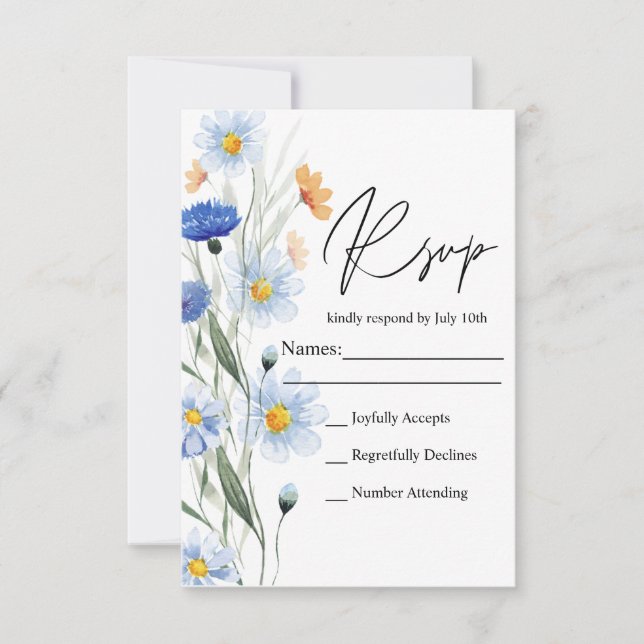 Cartão RSVP Casamento Floral de Blue Daisies (Frente)
