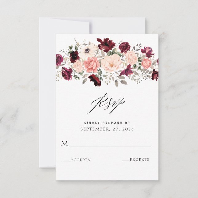 Cartão RSVP Casamento Floral de Blush Burgundy Elegante (Frente)