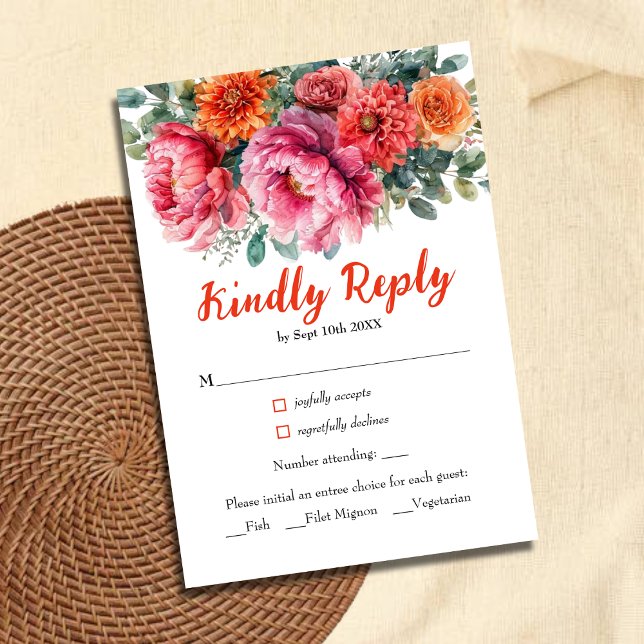 Cartão RSVP Casamento Floral de Blush Laranja-Laranja-Aquarela (Criador carregado)