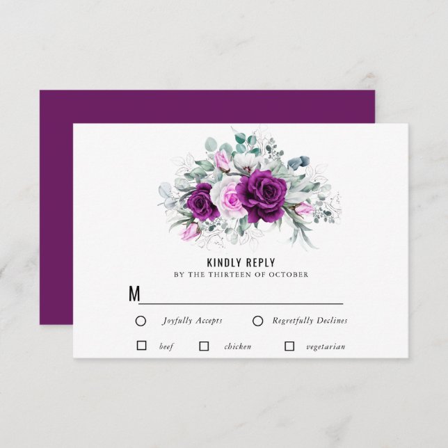 Cartão RSVP Casamento Floral De Blush Roxo Rústico Elegante (Frente/Verso)