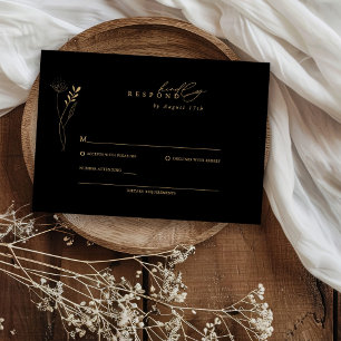 Cartão RSVP Casamento Floral de Boho Dourado e Negro Moderno