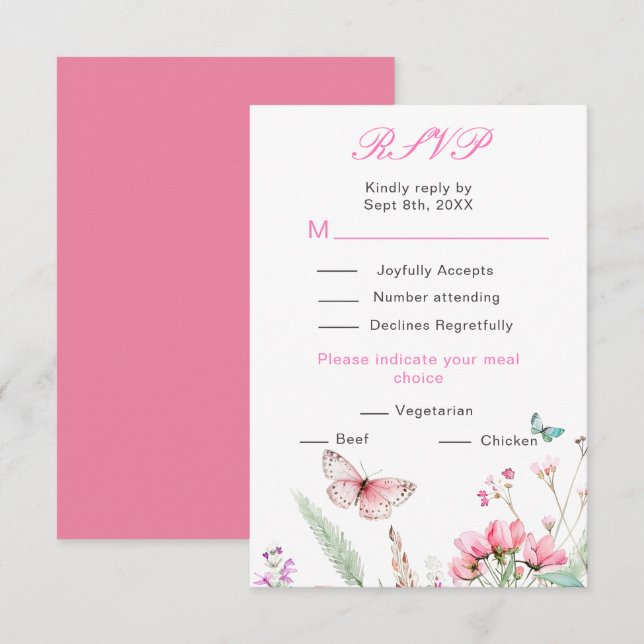 Cartão RSVP Casamento Floral de Borboleta Rosa Primavera (Frente/Verso)