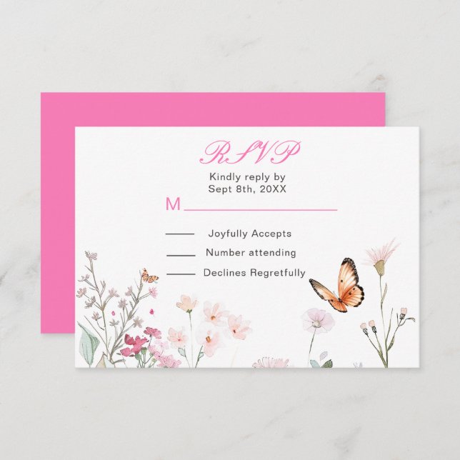 Cartão RSVP Casamento Floral de Borboleta Rosa Profundo de Pri (Frente/Verso)