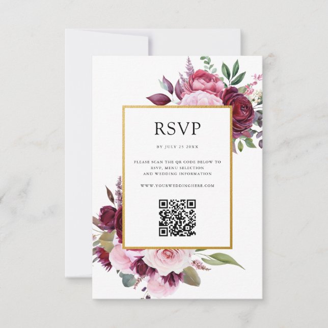 Cartão RSVP Casamento Floral de Borgonha e Elegante Rosa (Frente)