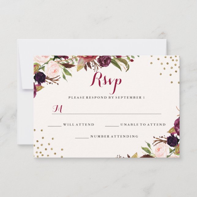 Cartão RSVP Casamento Floral de Burgundy Confetti (Frente)