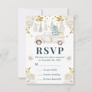 Cartão RSVP Casamento Floral de Caminhão Branco e Dourado de I