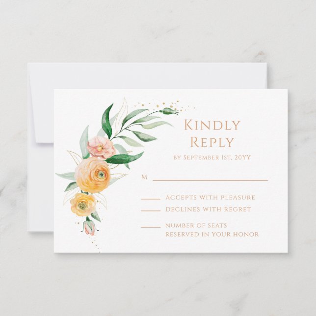 Cartão RSVP Casamento Floral de Cor Laranja Laranja Elegante M (Frente)