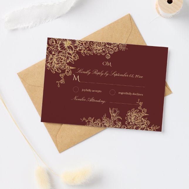 Cartão RSVP Casamento Floral de Elegante Burgundy e Jardim Dou (Criador carregado)