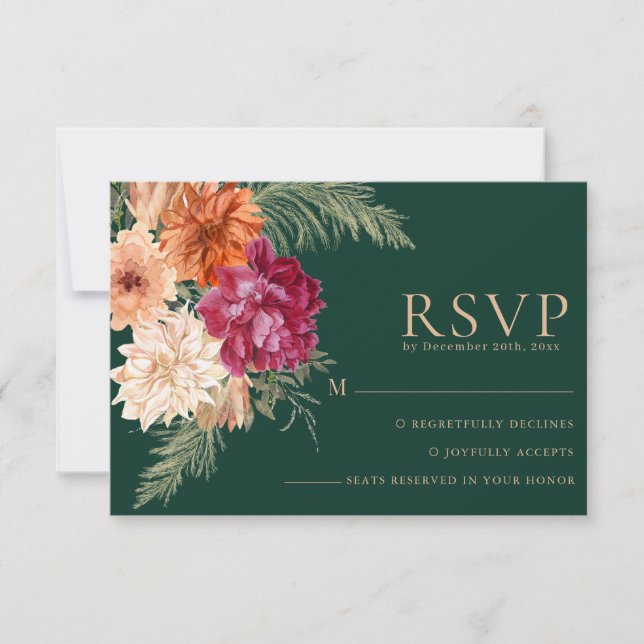 Cartão RSVP Casamento floral de Emerald Green e burgundy (Frente)