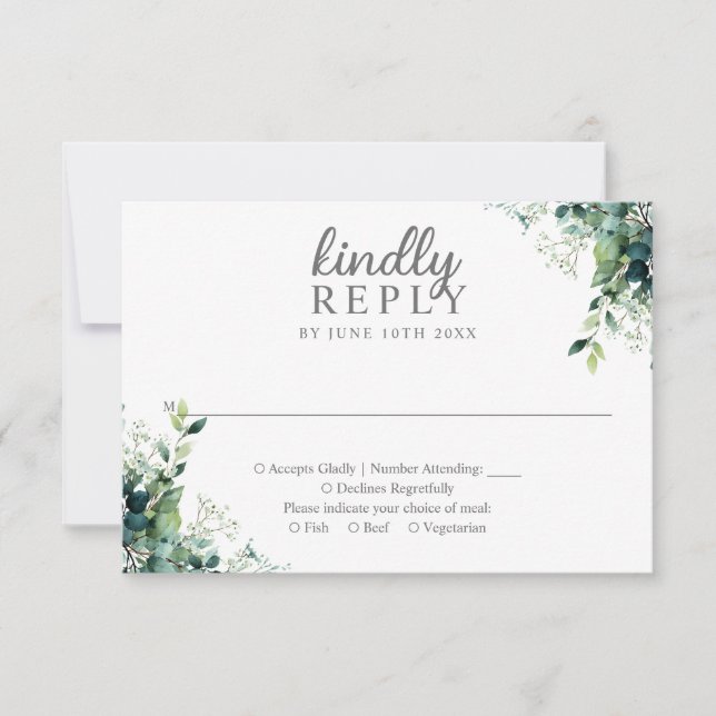 Cartão RSVP Casamento Floral de Eucalipto Rústico com Monogram (Frente)