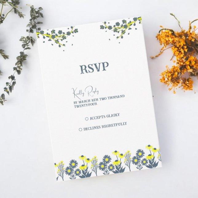 Cartão RSVP Casamento Floral de Flor Amarelo Azul (Criador carregado)