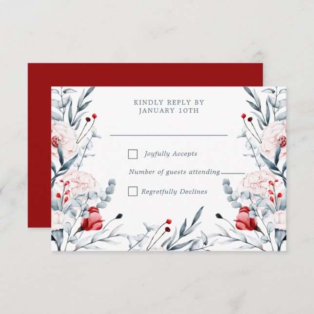 Cartão RSVP Casamento Floral De Flor Vermelho E Azul (Frente/Verso)