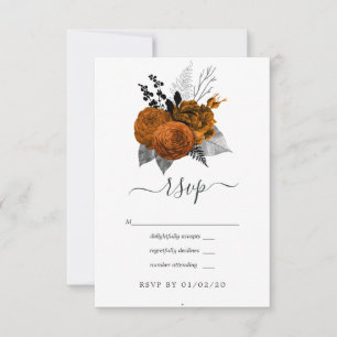 Cartão RSVP Casamento Floral de Halloween Preto e Laranja Vint