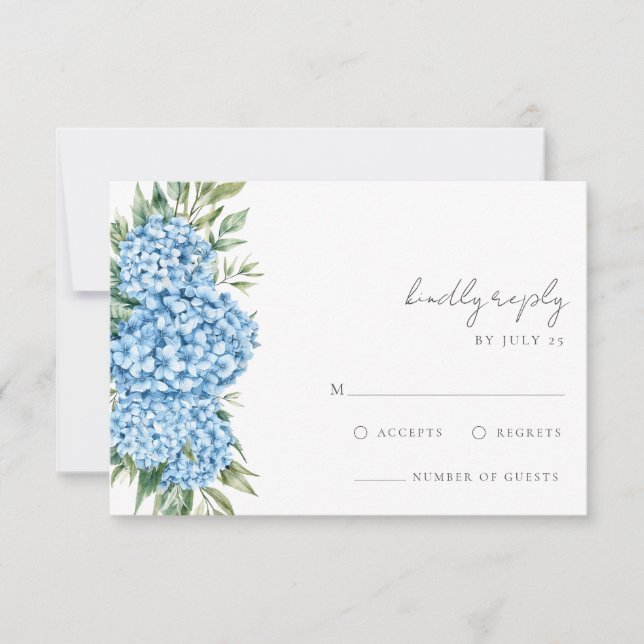 Cartão RSVP Casamento Floral de Hydrangea Azul Elegante (Frente)