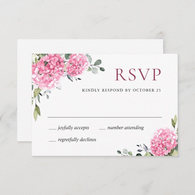 Cartão RSVP Casamento Floral de Hydrangea, Cor de Água Elegant (Frente/Verso)