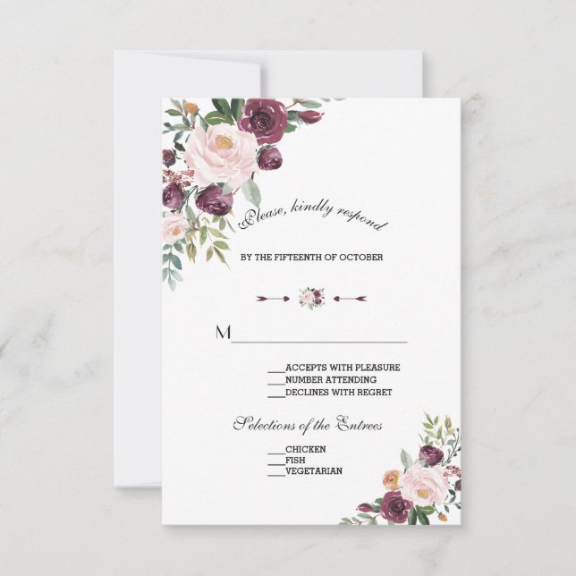 Cartão RSVP Casamento Floral de Ilegante Burgundy Blush Ivory (Frente)