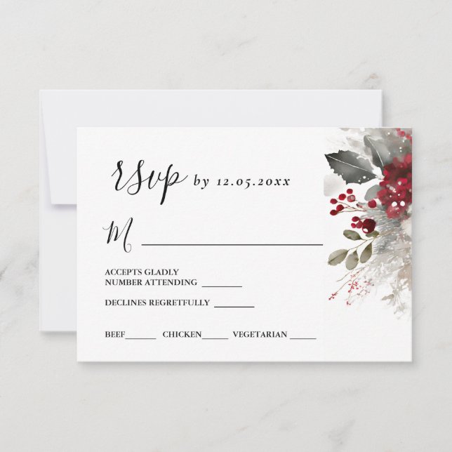 Cartão RSVP Casamento Floral de Inverno de Silver Red Christma (Frente)